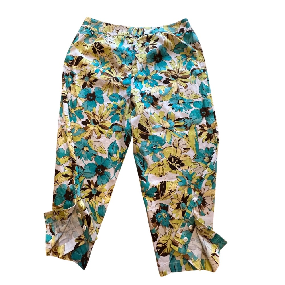 Valerie Stevens Womens Floral Capri‎ Pants Cropped Button Detail Size 14